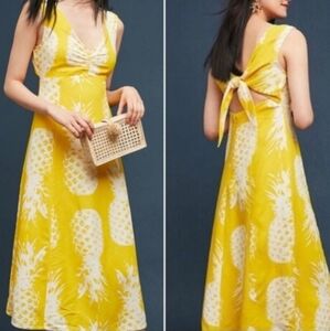 Anthropologie Maeve Pineapple Sleeveless Linen Blend Midi Dress Size 4 Petite 4P